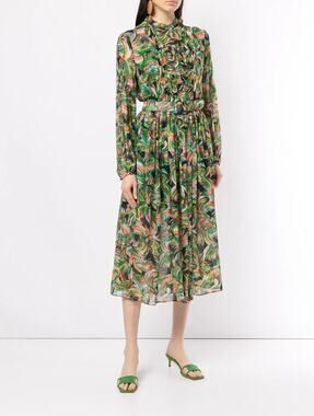 SALONI Raquel Silk Chiffon Belted Midi Dress Jade Palmier Tuckernuck 8 NWT $815
